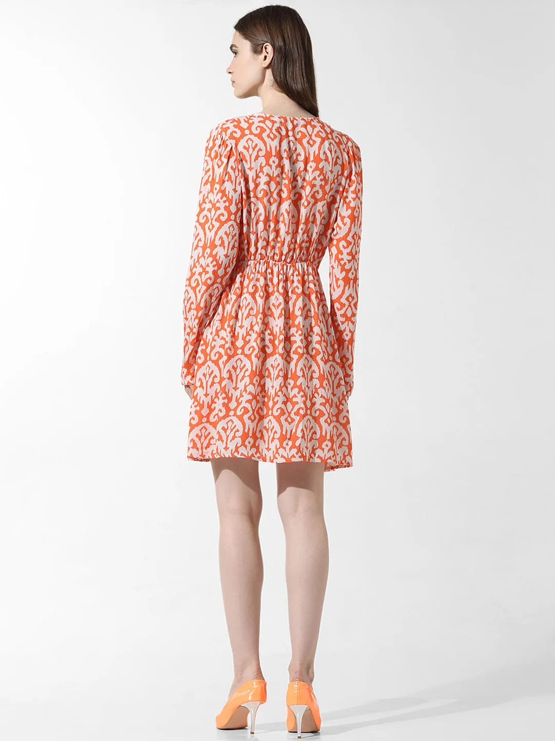 Orange Printed Fit & Flare Dress