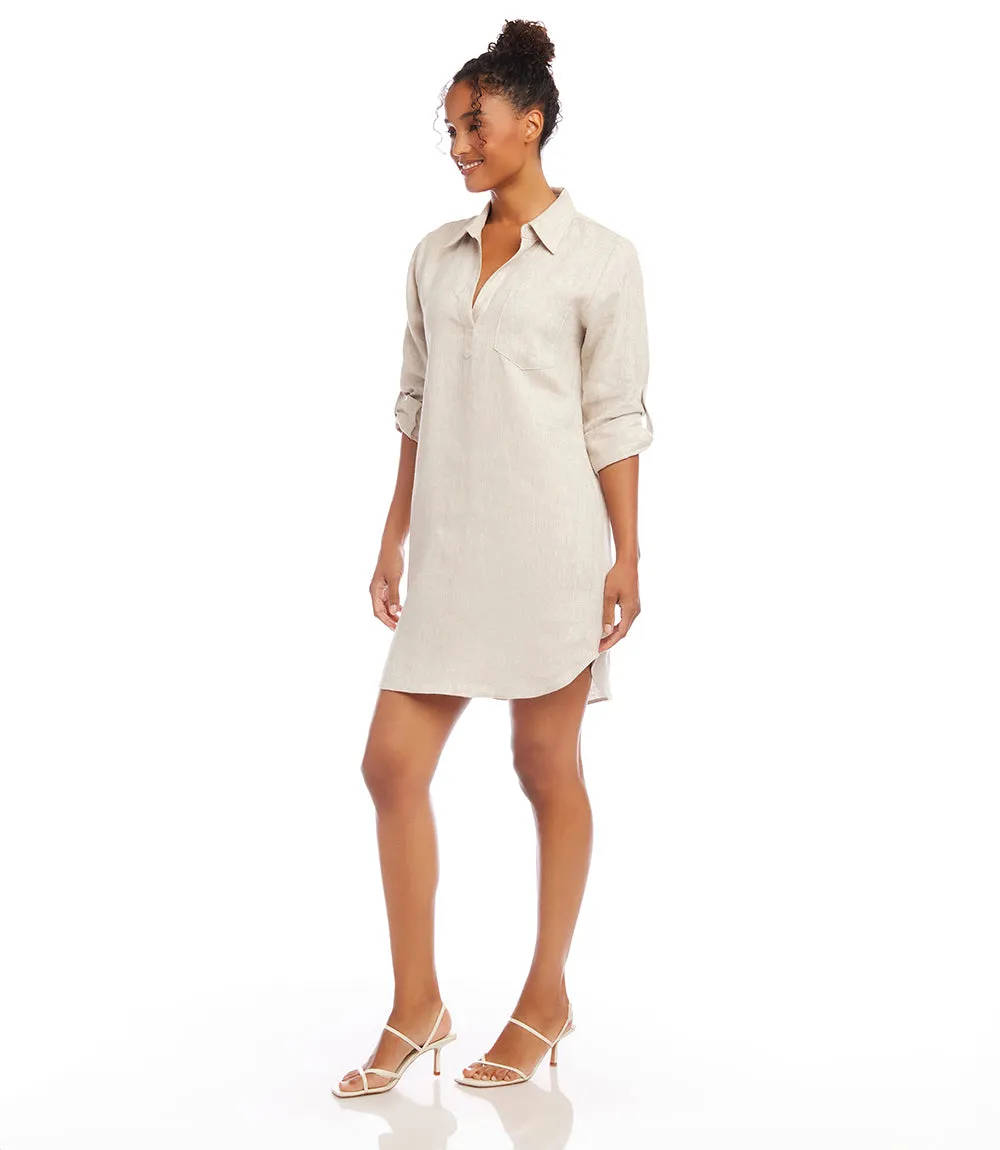 Petite Size Roll Tab Sleeve Linen Shirtdress