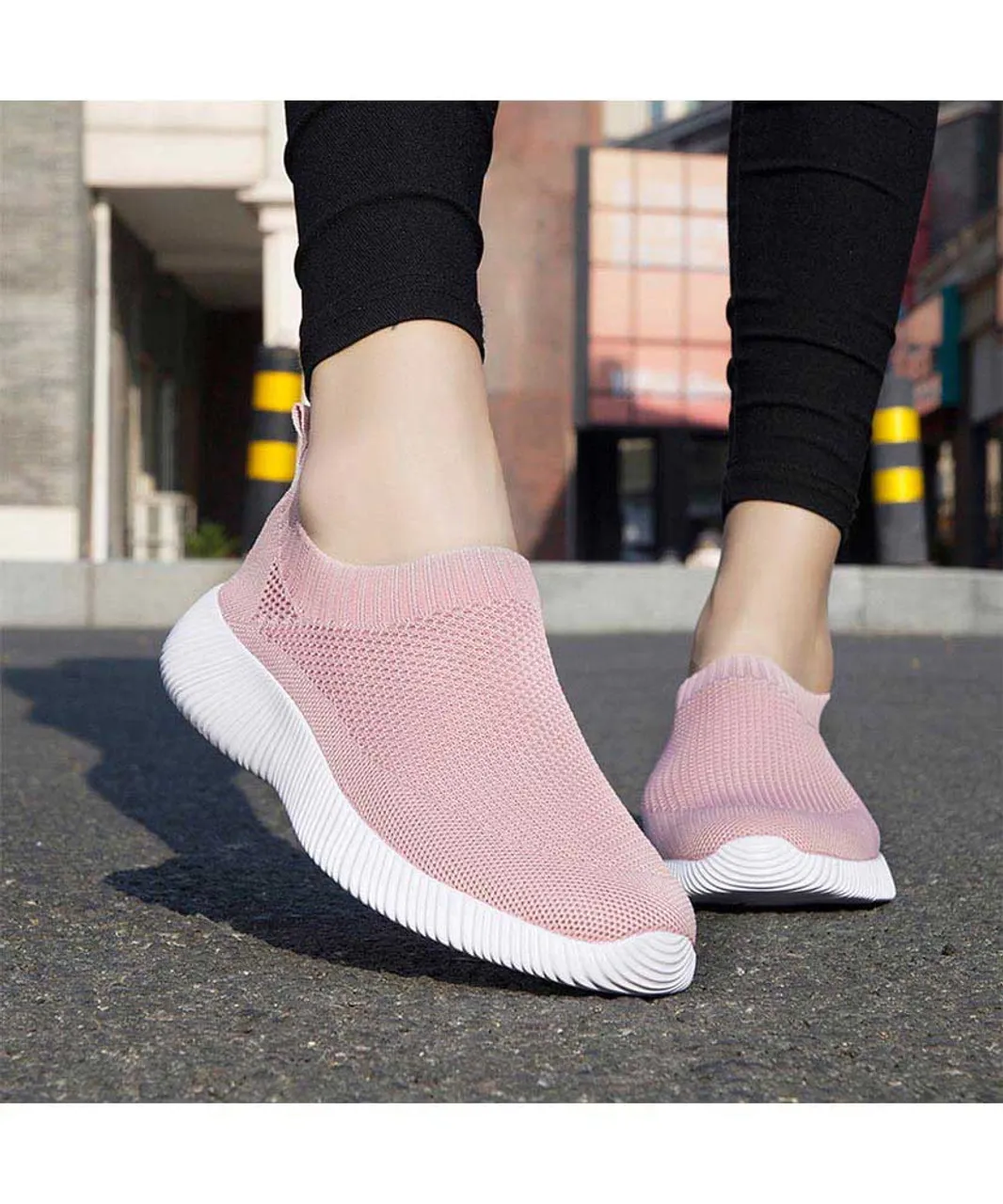 Pink casual flyknit plain slip on shoe sneaker