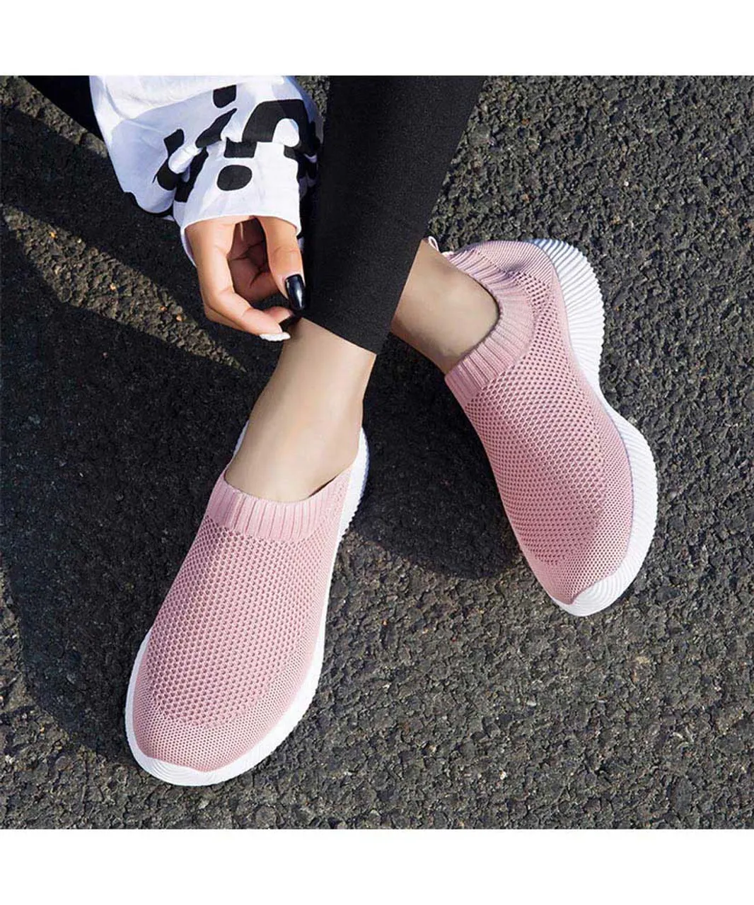 Pink casual flyknit plain slip on shoe sneaker