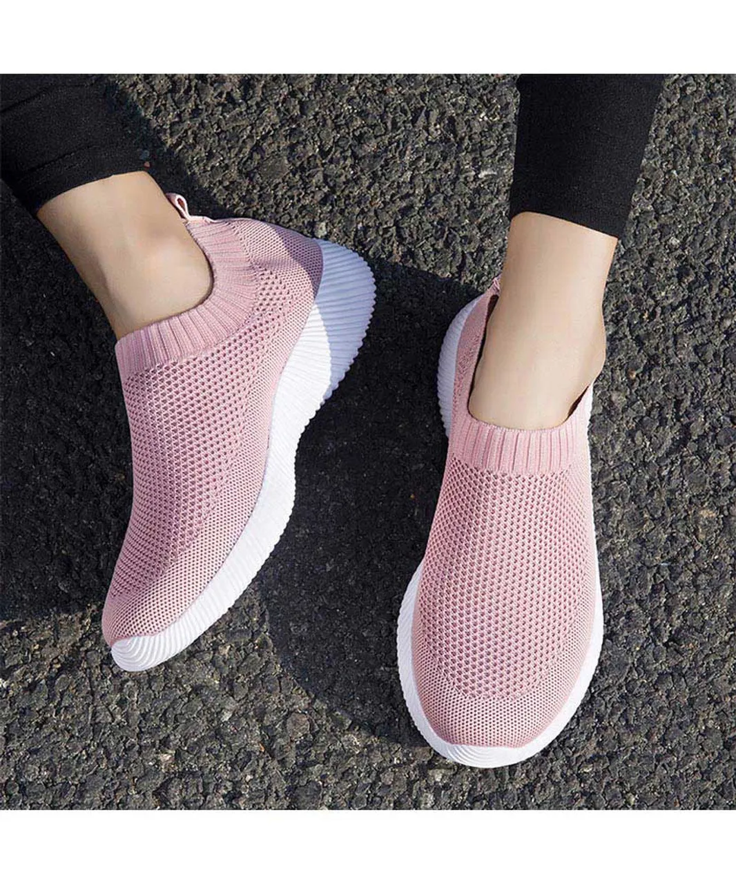 Pink casual flyknit plain slip on shoe sneaker