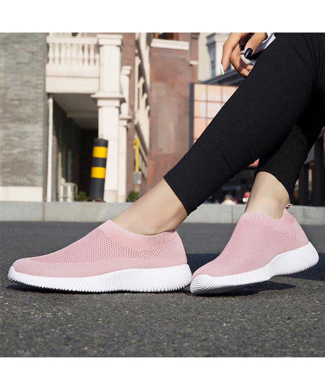 Pink casual flyknit plain slip on shoe sneaker