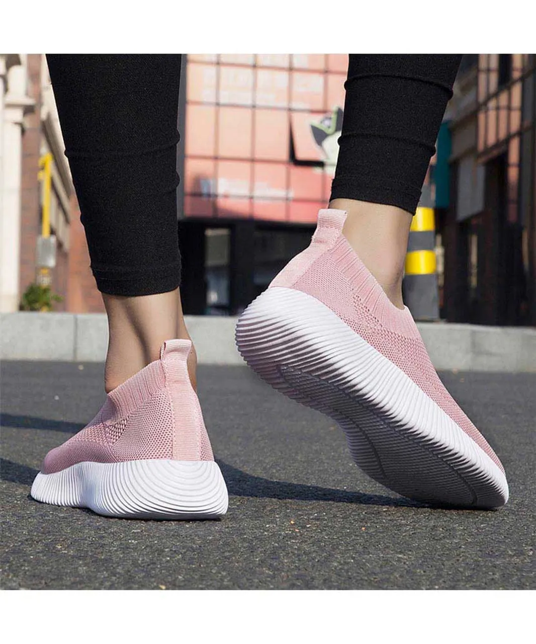 Pink casual flyknit plain slip on shoe sneaker