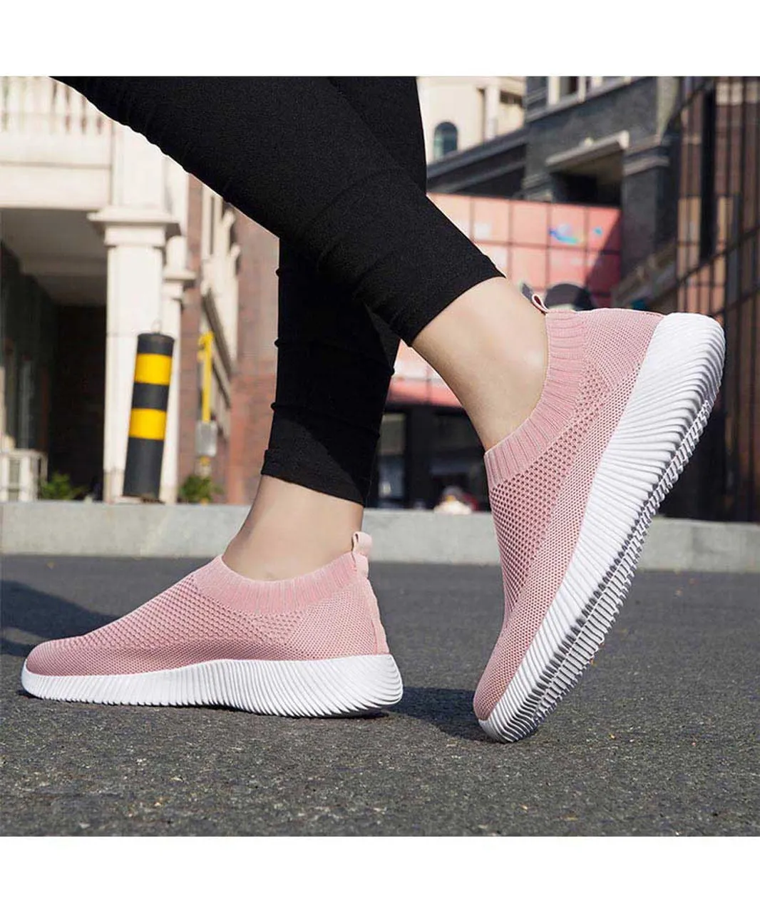 Pink casual flyknit plain slip on shoe sneaker