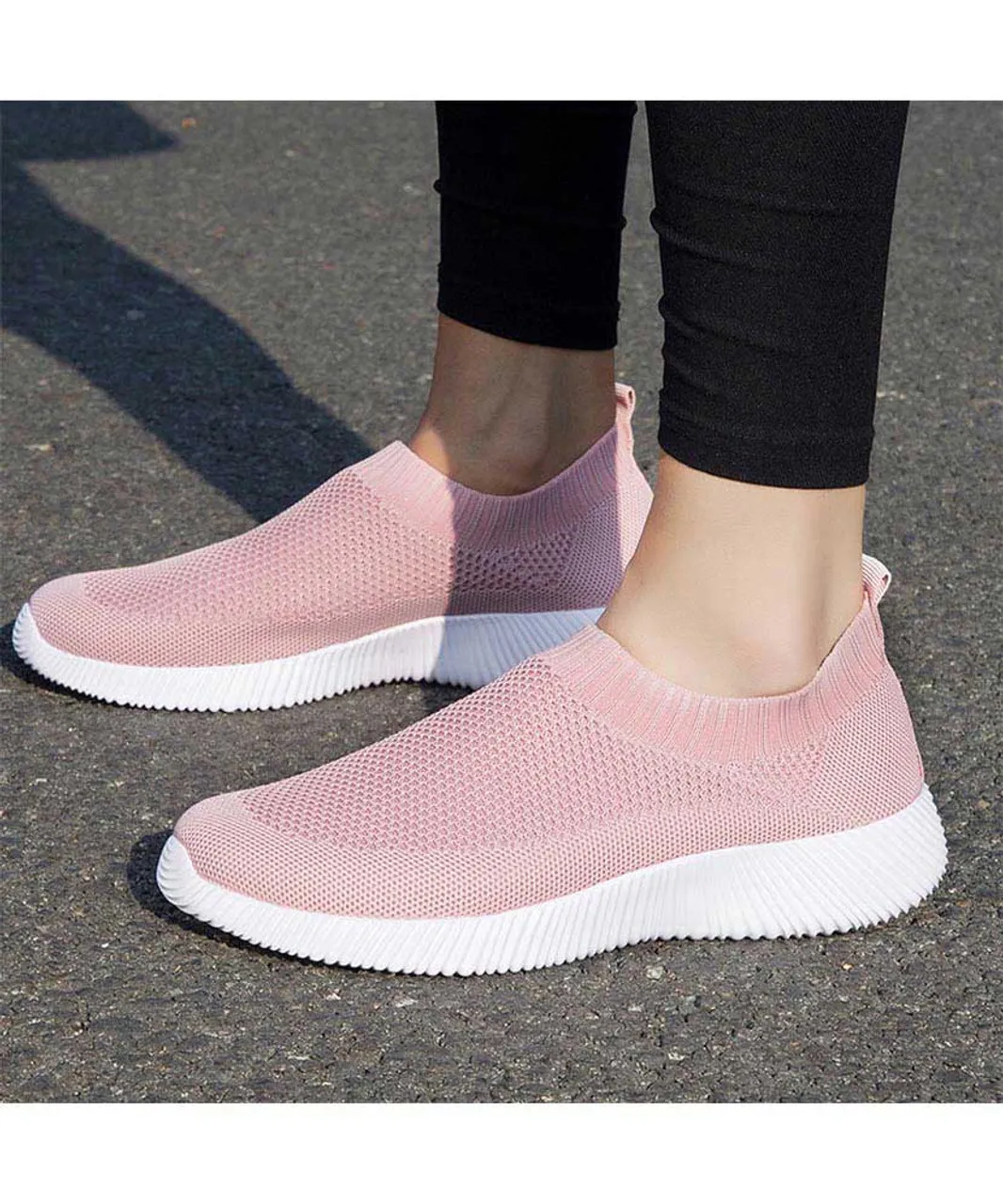 Pink casual flyknit plain slip on shoe sneaker