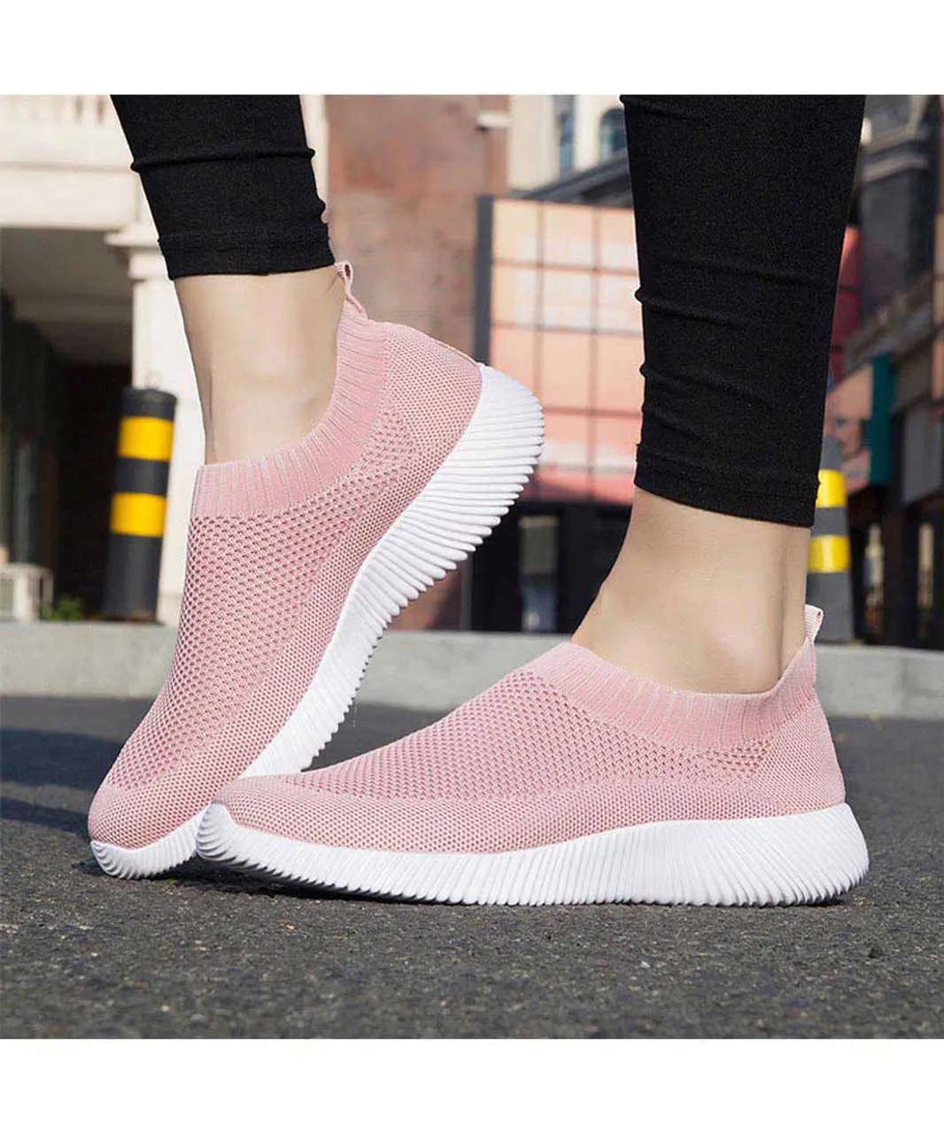 Pink casual flyknit plain slip on shoe sneaker