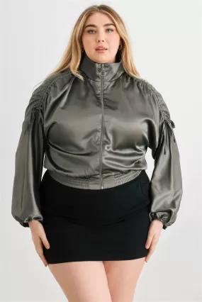 Plus Size Satin Ruched Bomber Jacket