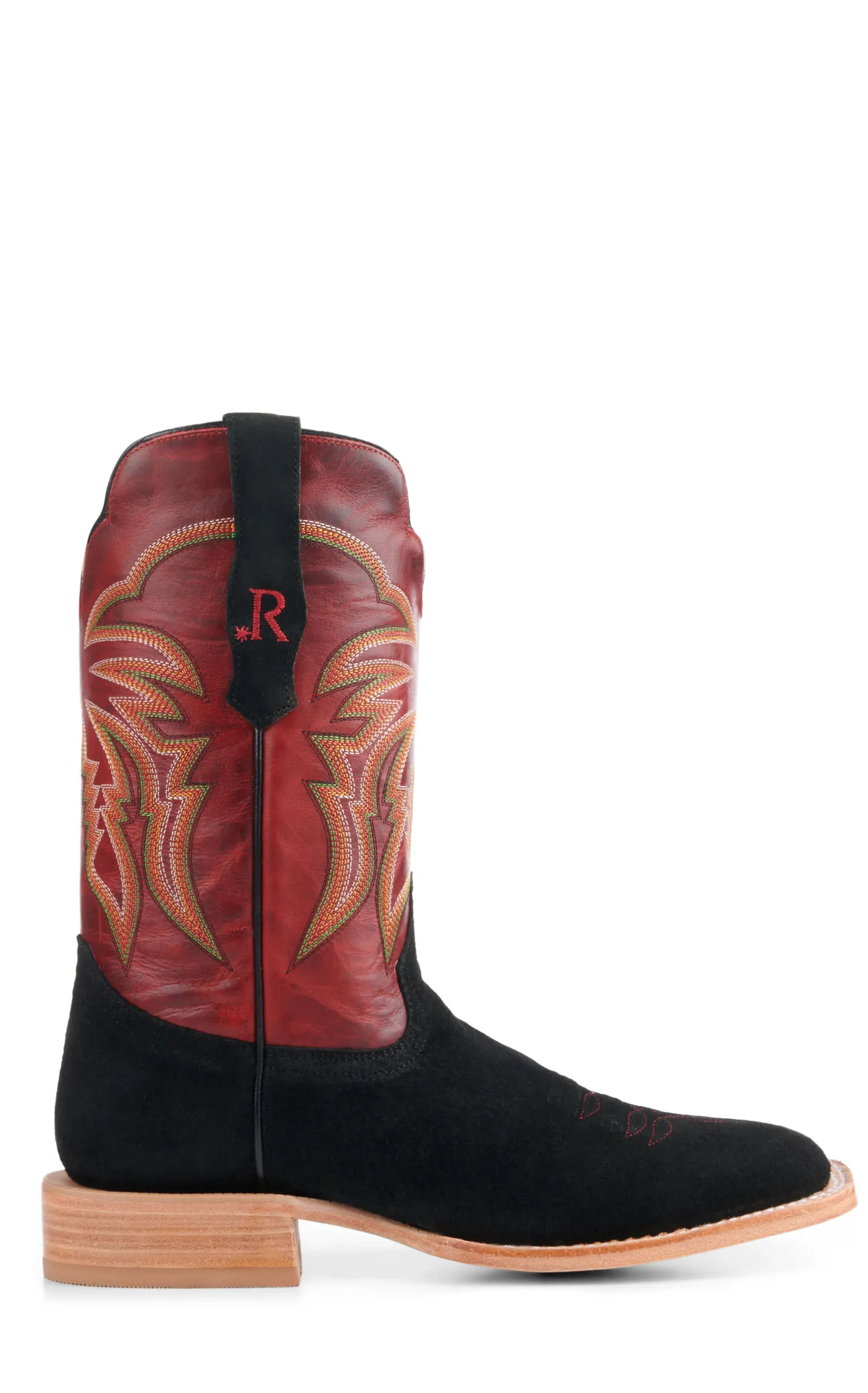 R. Watson Men's Black Boar and Barn Red Wide Square Toe Cowboy Boots