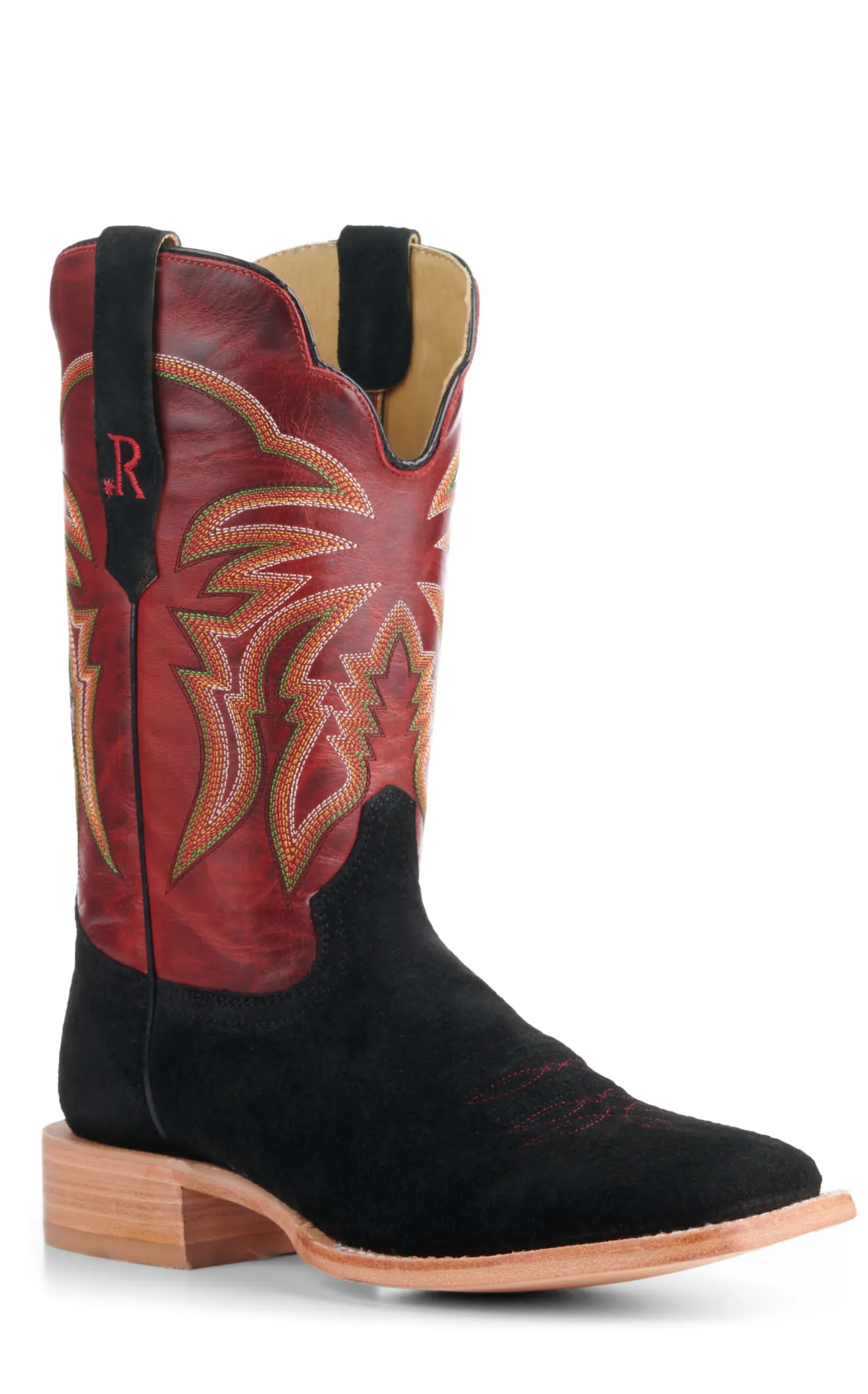 R. Watson Men's Black Boar and Barn Red Wide Square Toe Cowboy Boots