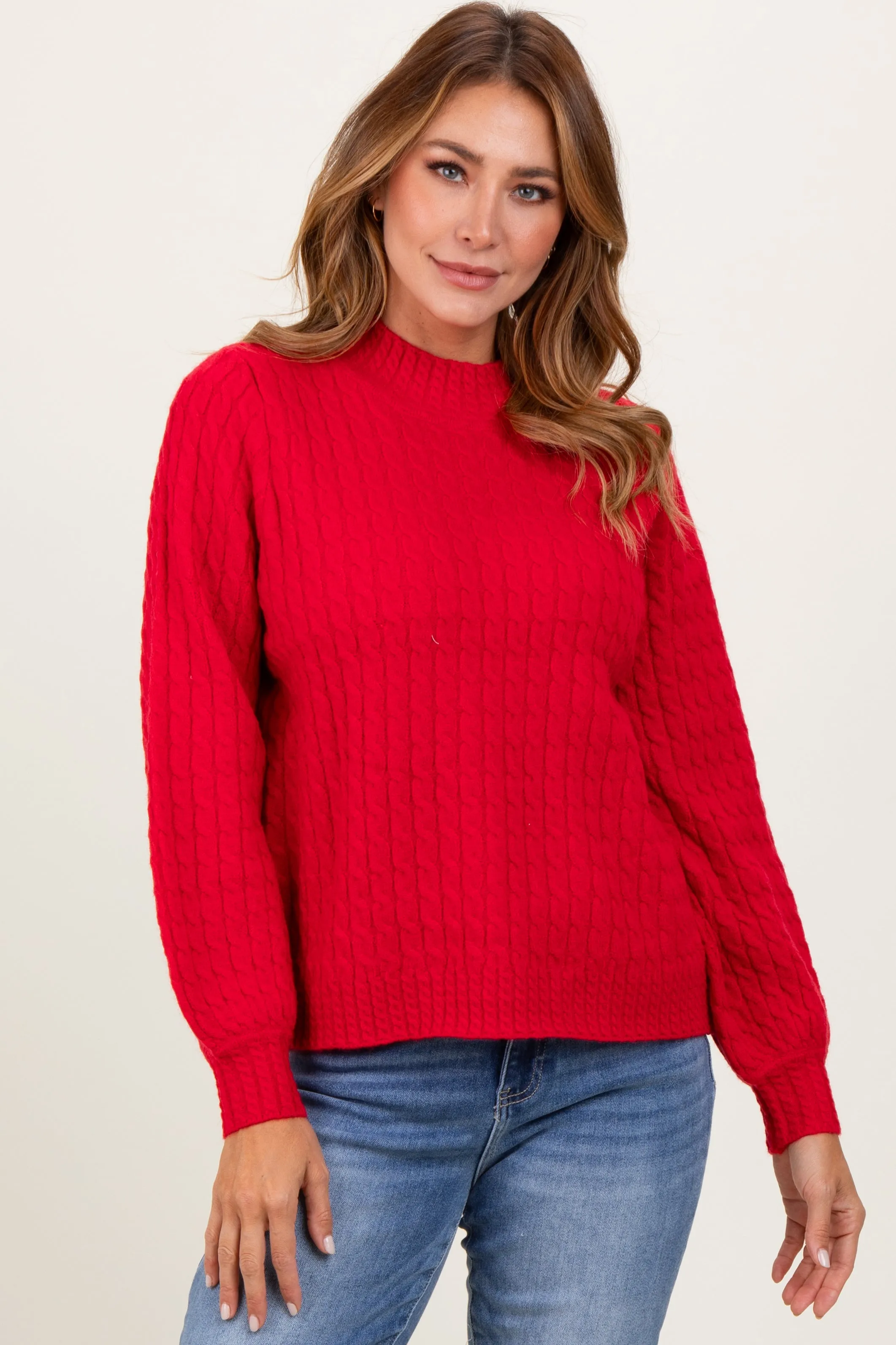 Red Cable Knit Mock Neck Bubble Sleeve Sweater