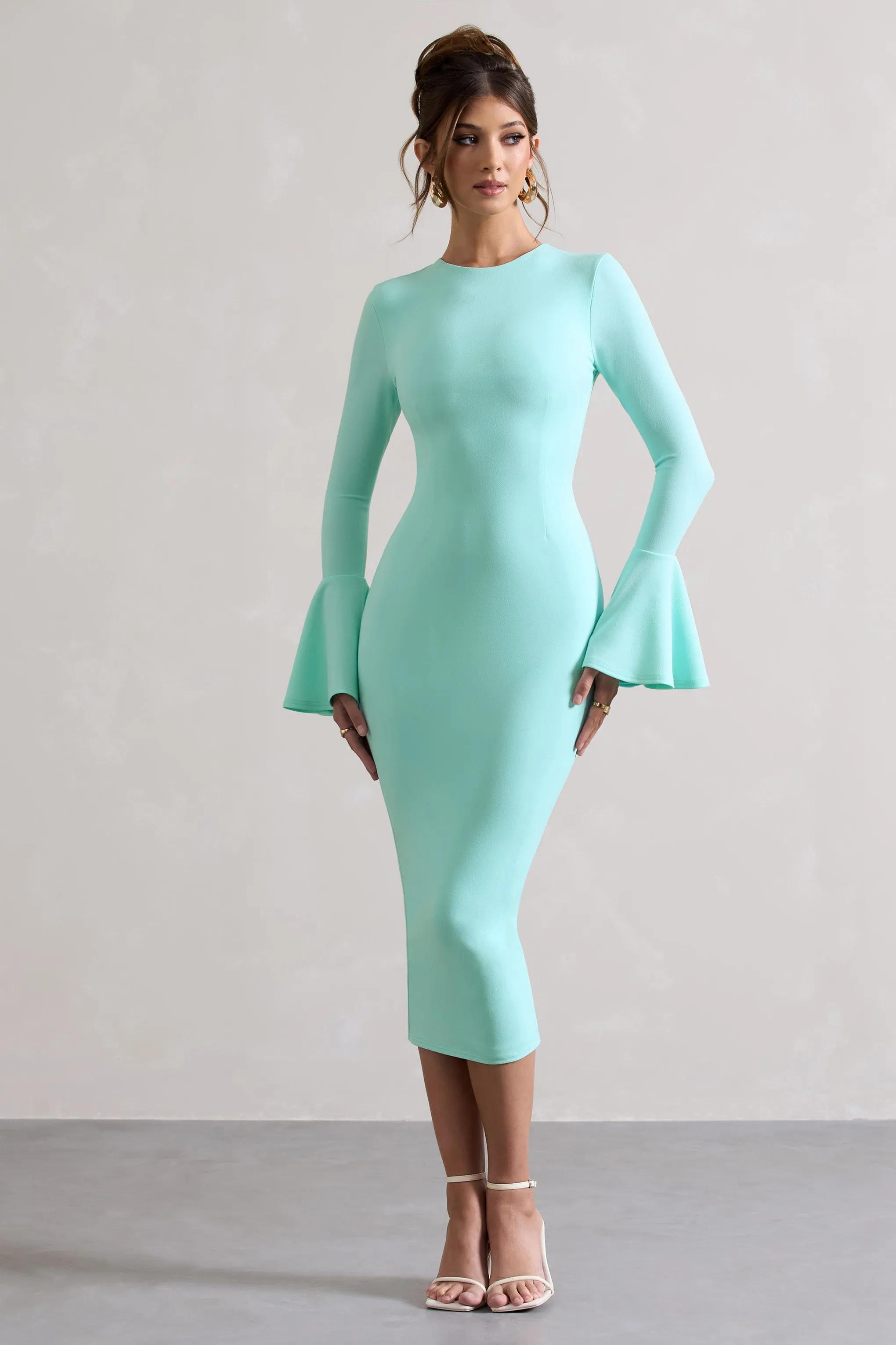 Rhyanne | Iced Green Bodycon Flared-Sleeve Midi Dress