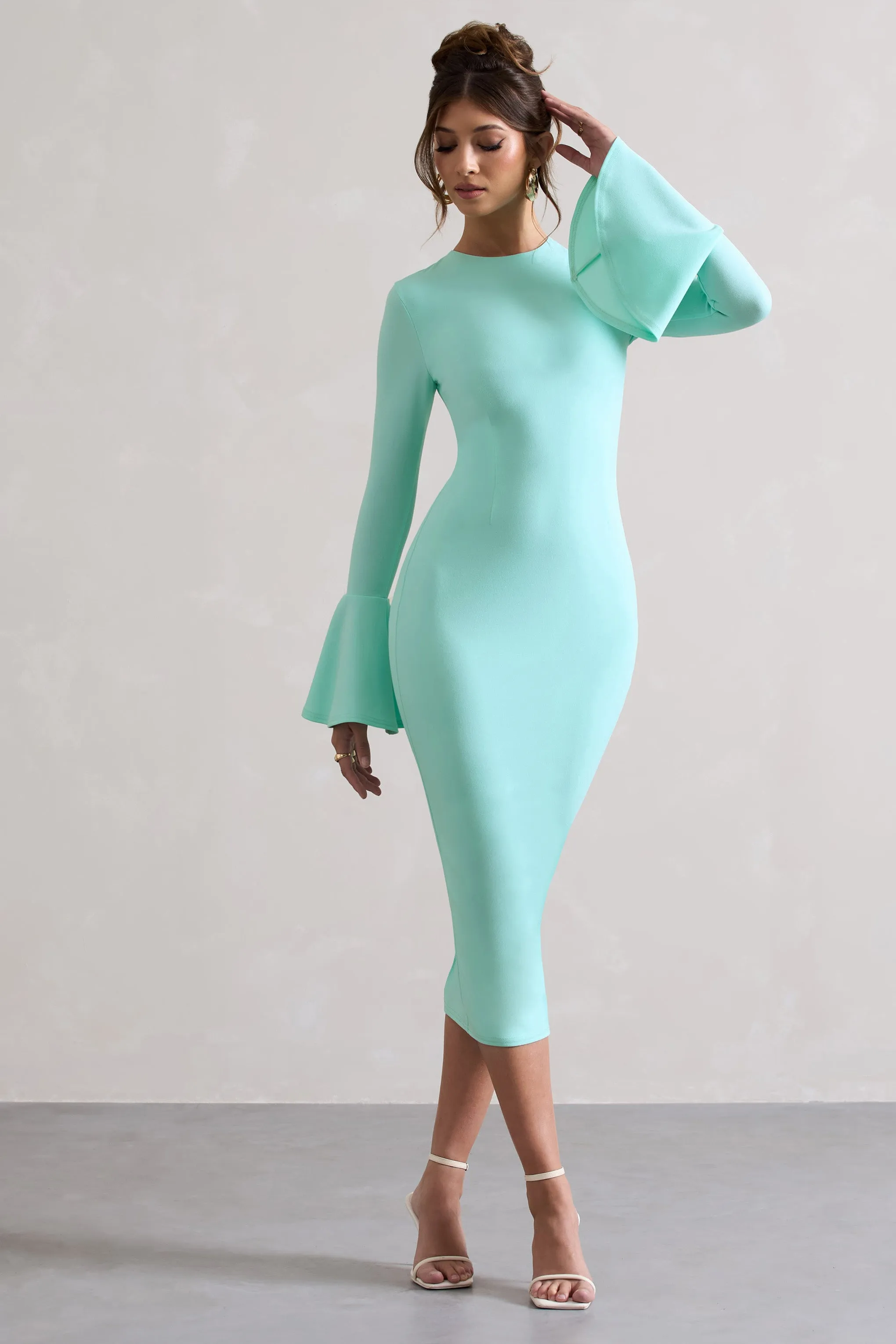 Rhyanne | Iced Green Bodycon Flared-Sleeve Midi Dress