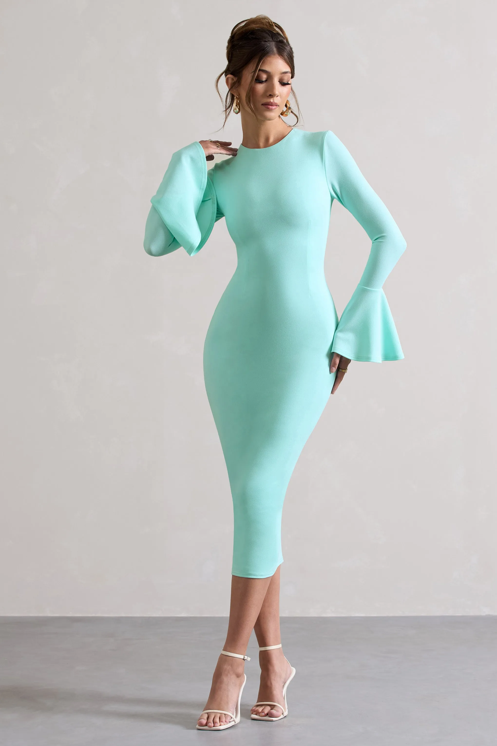 Rhyanne | Iced Green Bodycon Flared-Sleeve Midi Dress