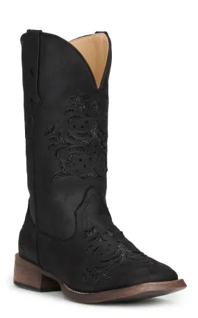 Roper Women's Kennedy Black with Glitter Inlay Wide Square Toe Cowboy Boots