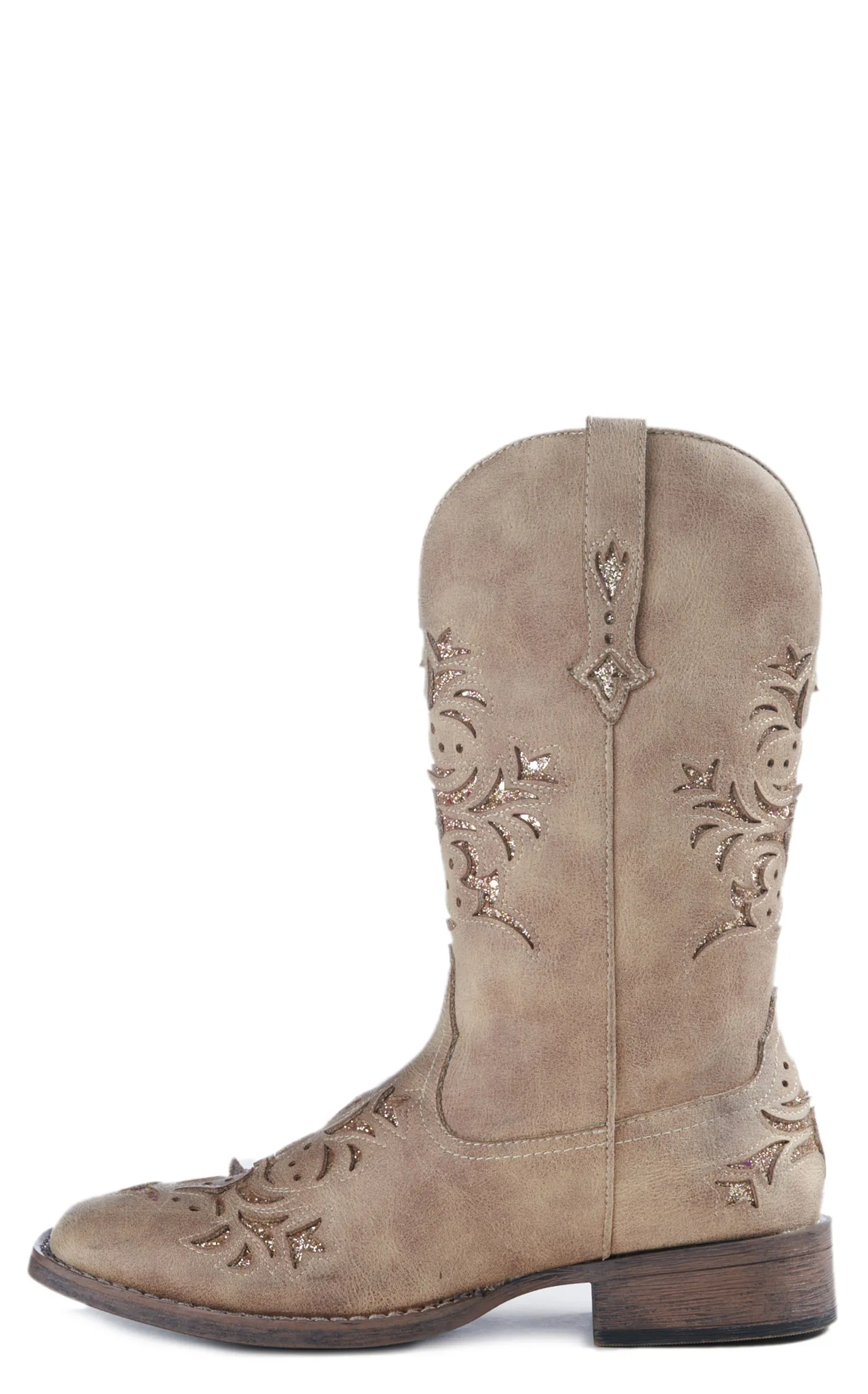 Roper Women's Tan Faux Leather with Gold Glitter Inlay Square Toe Cowboy Boot