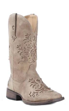 Roper Women's Tan Faux Leather with Gold Glitter Inlay Square Toe Cowboy Boot