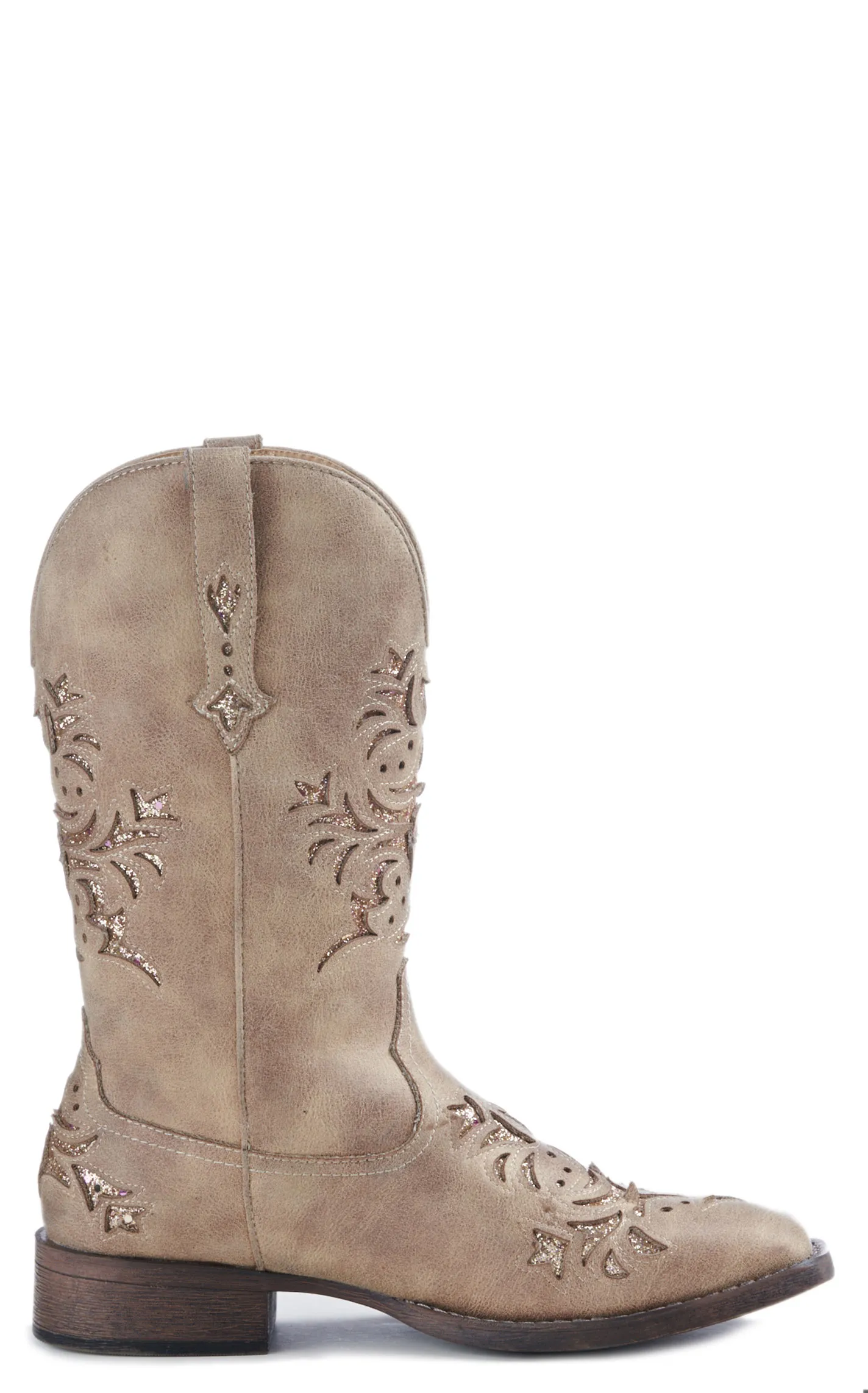 Roper Women's Tan Faux Leather with Gold Glitter Inlay Square Toe Cowboy Boot