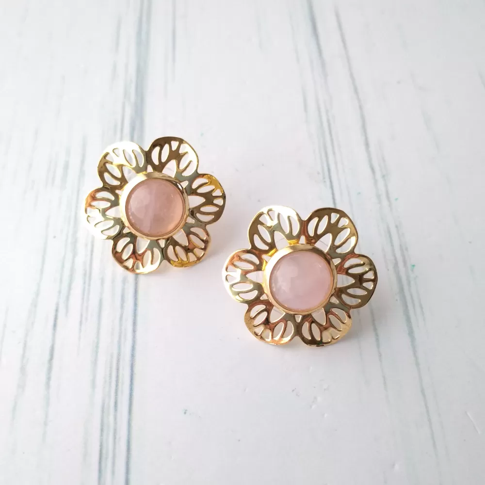 Round Rose Quartz Stud with Cutout Gumamela Earring Jacket