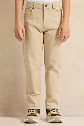 Senior Boys Beige Plain 5 Pocket Jeans