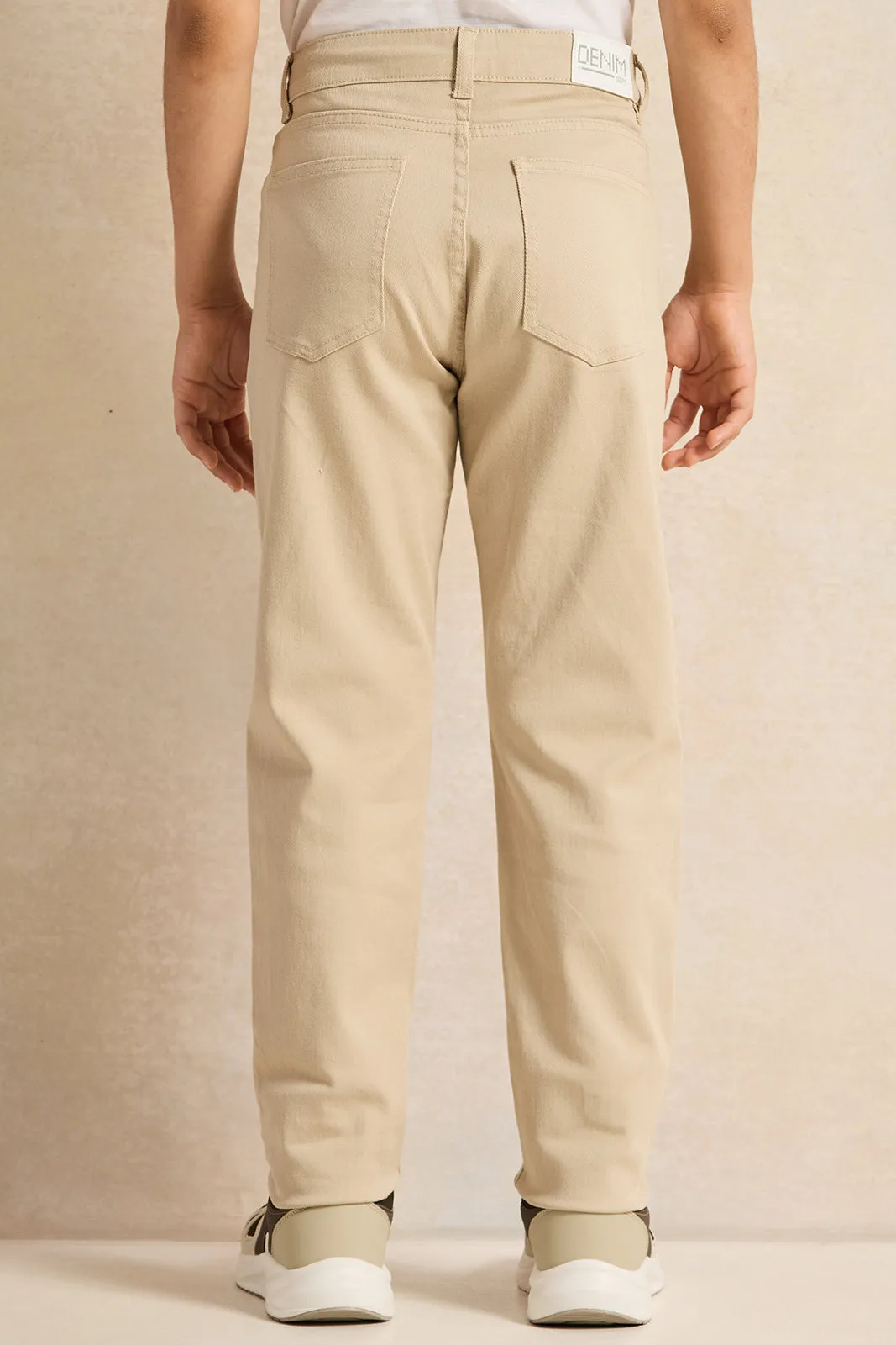 Senior Boys Beige Plain 5 Pocket Jeans