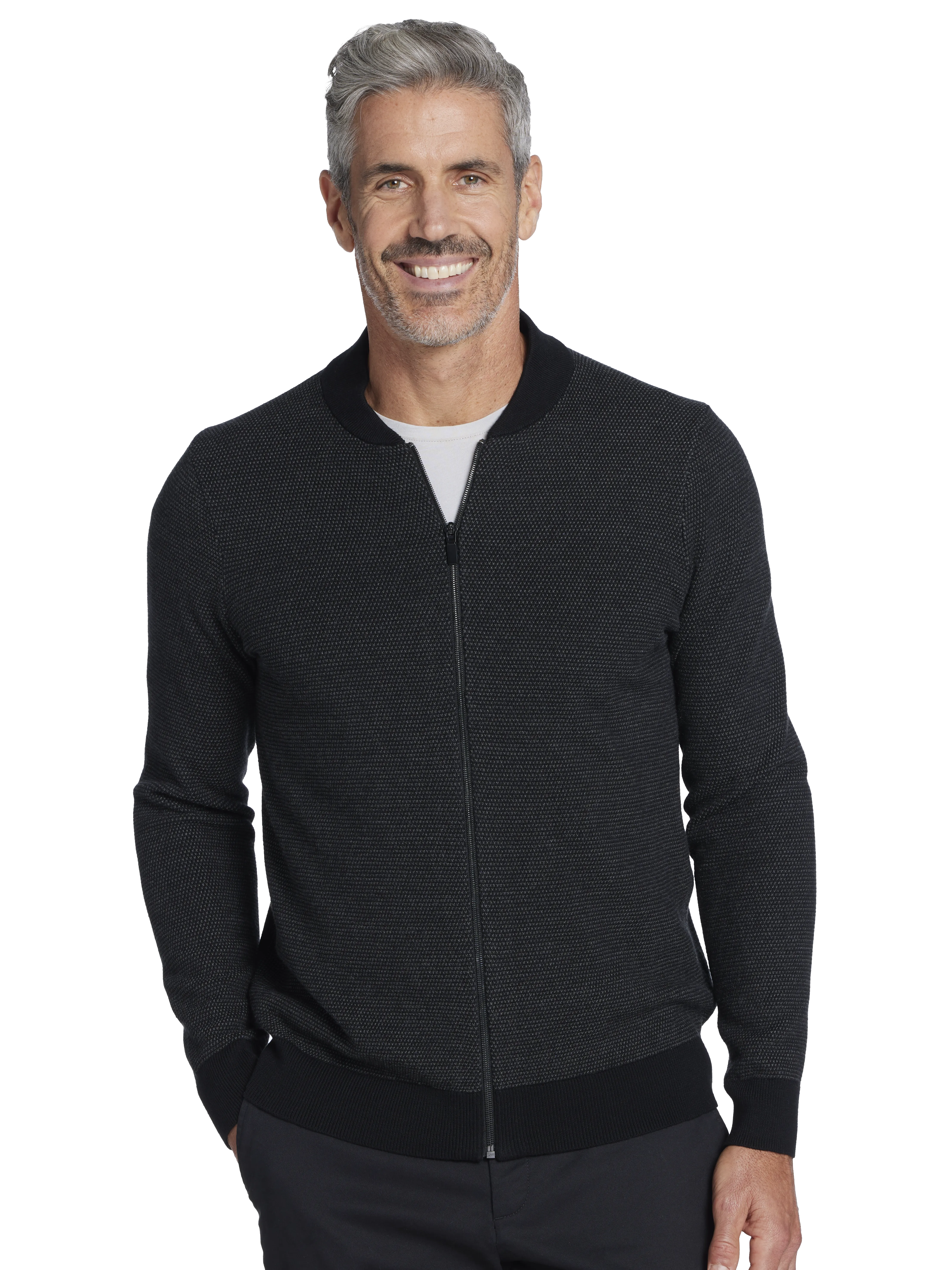 Slim Fit Textured Jacquard Full-Zip Baseball Sweater