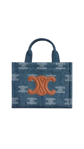 Small Cabas Thais in Denim with Triomphe Allover Embroidery and Calfskin - Navy/Tan