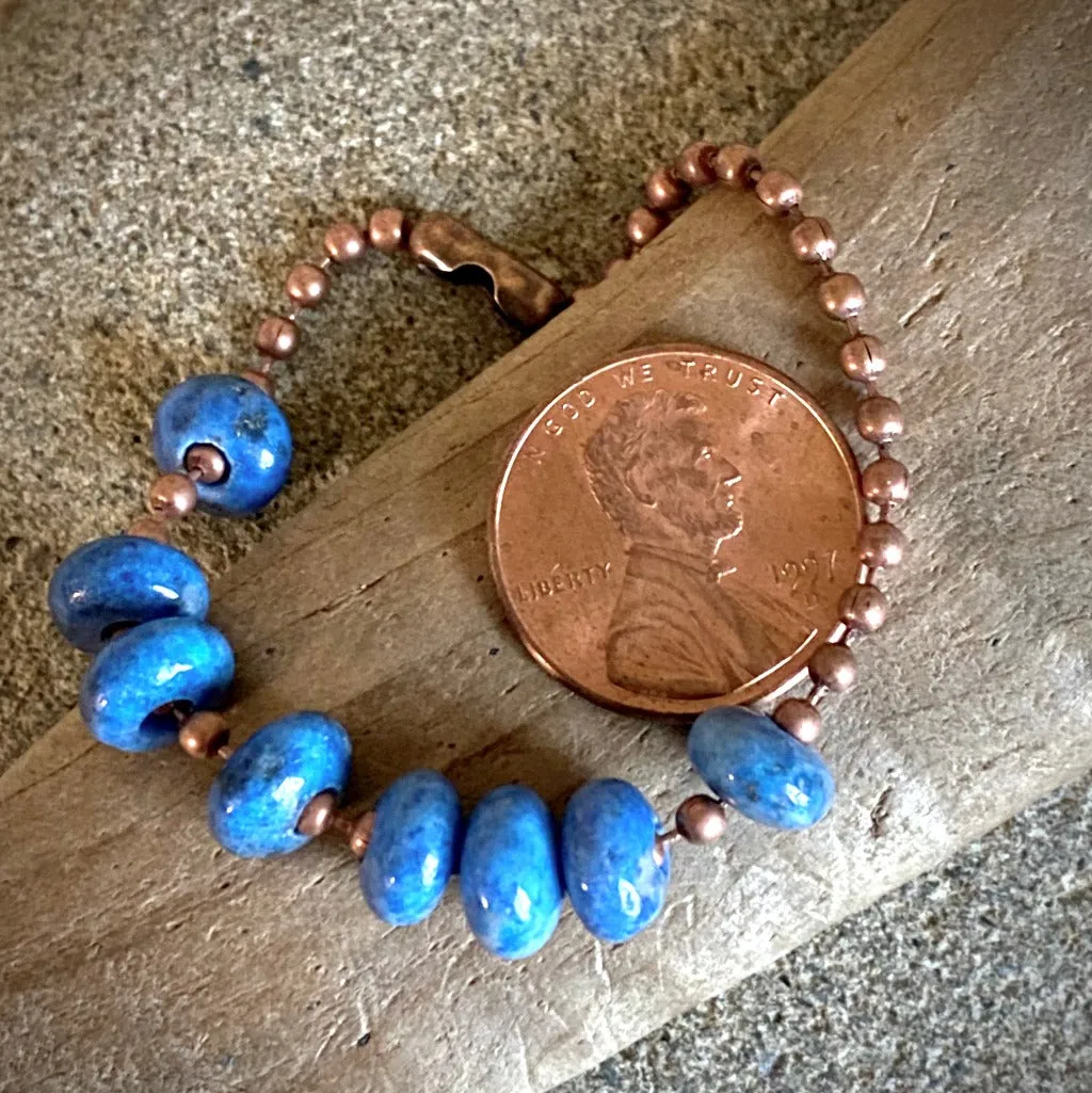 Small Copper Topper with Denim Lapis Rondelles on Copper Ball Chain