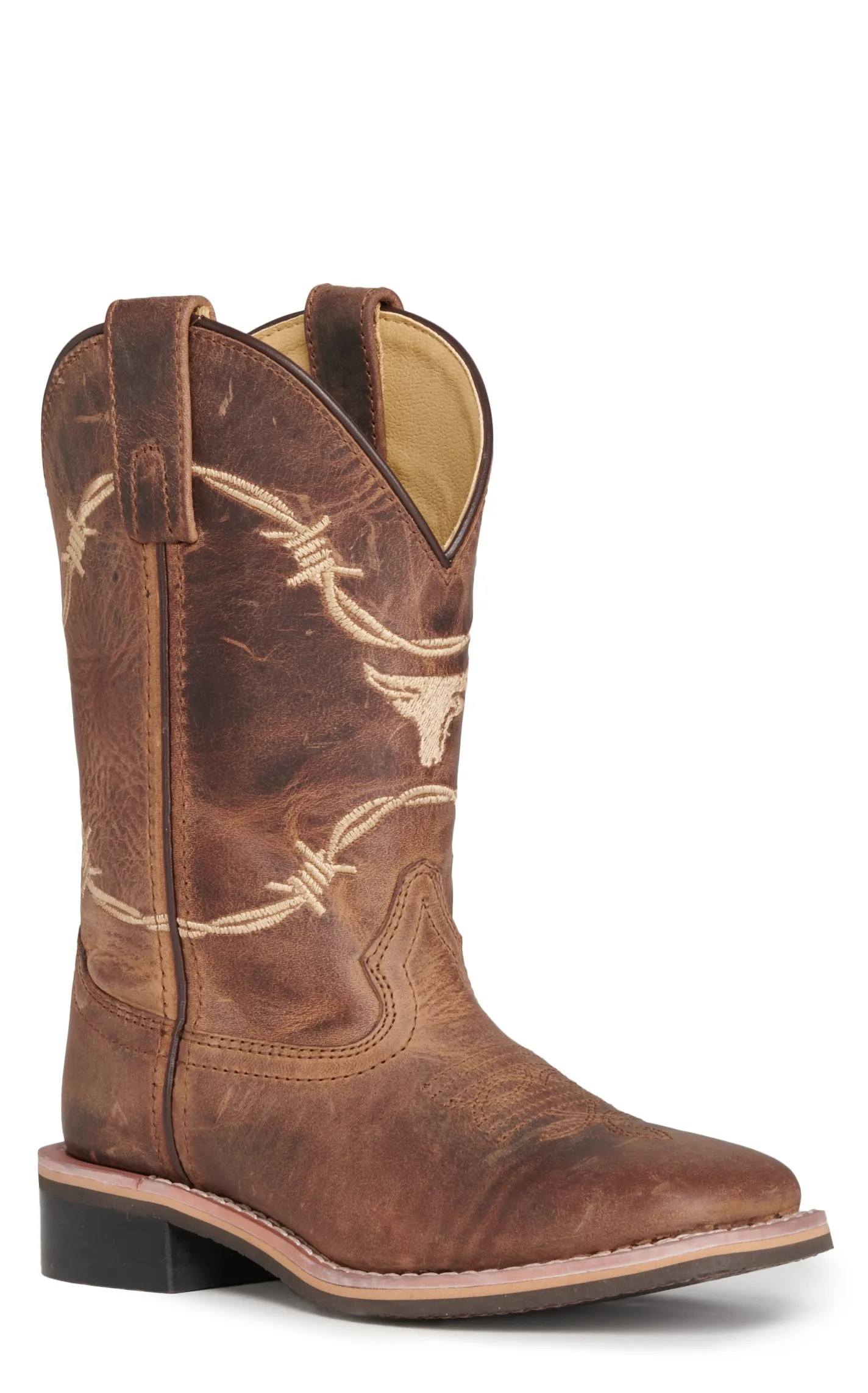 Smoky Mountain Kids Distressed Brown with Barbwire Embroidery Wide Square Toe Cowboy Boots