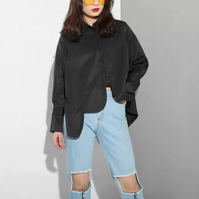 Sonoya Lapel Long Sleeve Irregular Hem Shirt