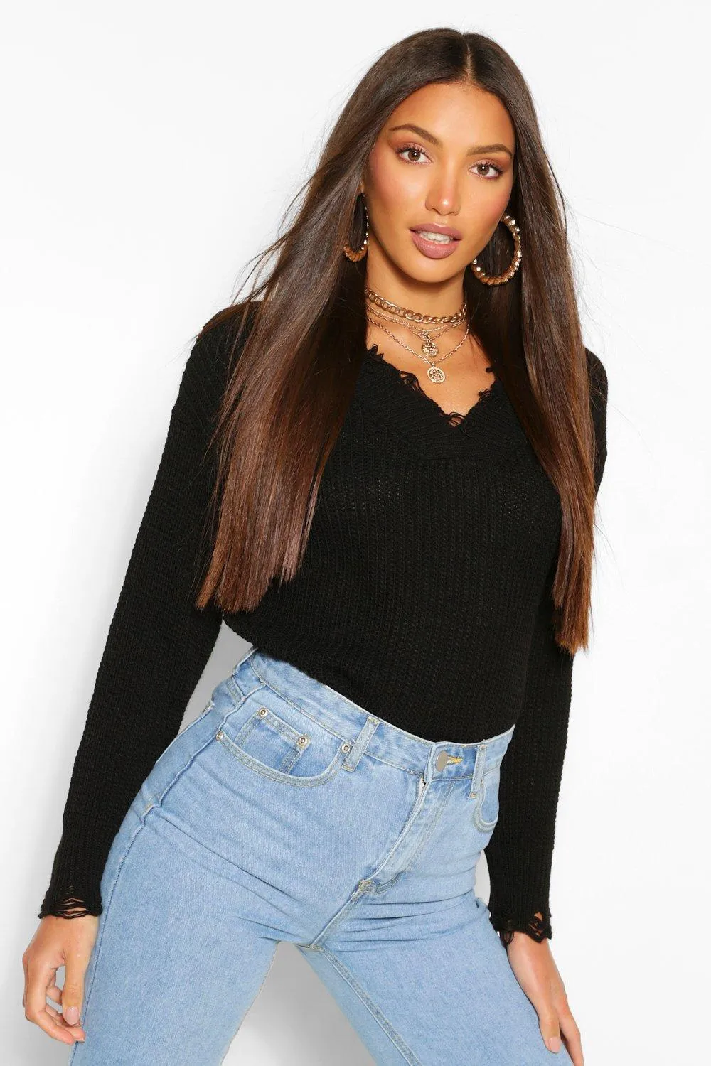 Tall Raw Hem V Neck Knitted Sweater