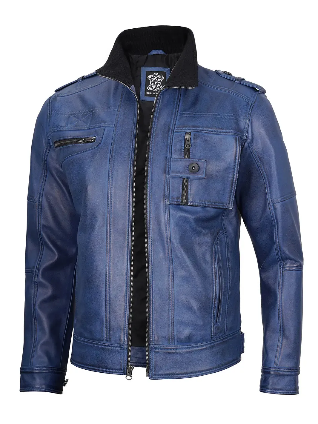 Tavares Blue Leather Biker Jacket