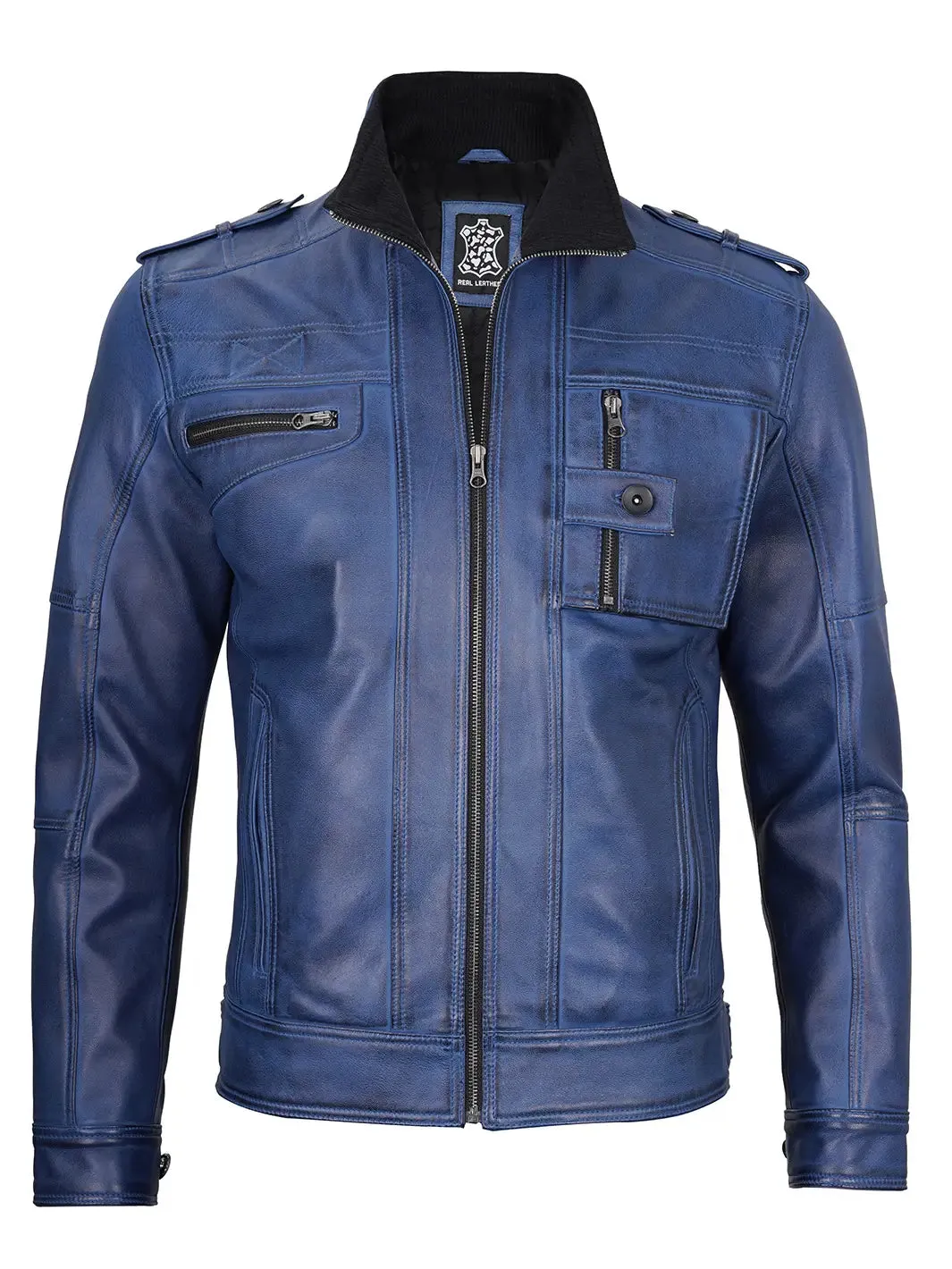 Tavares Blue Leather Biker Jacket