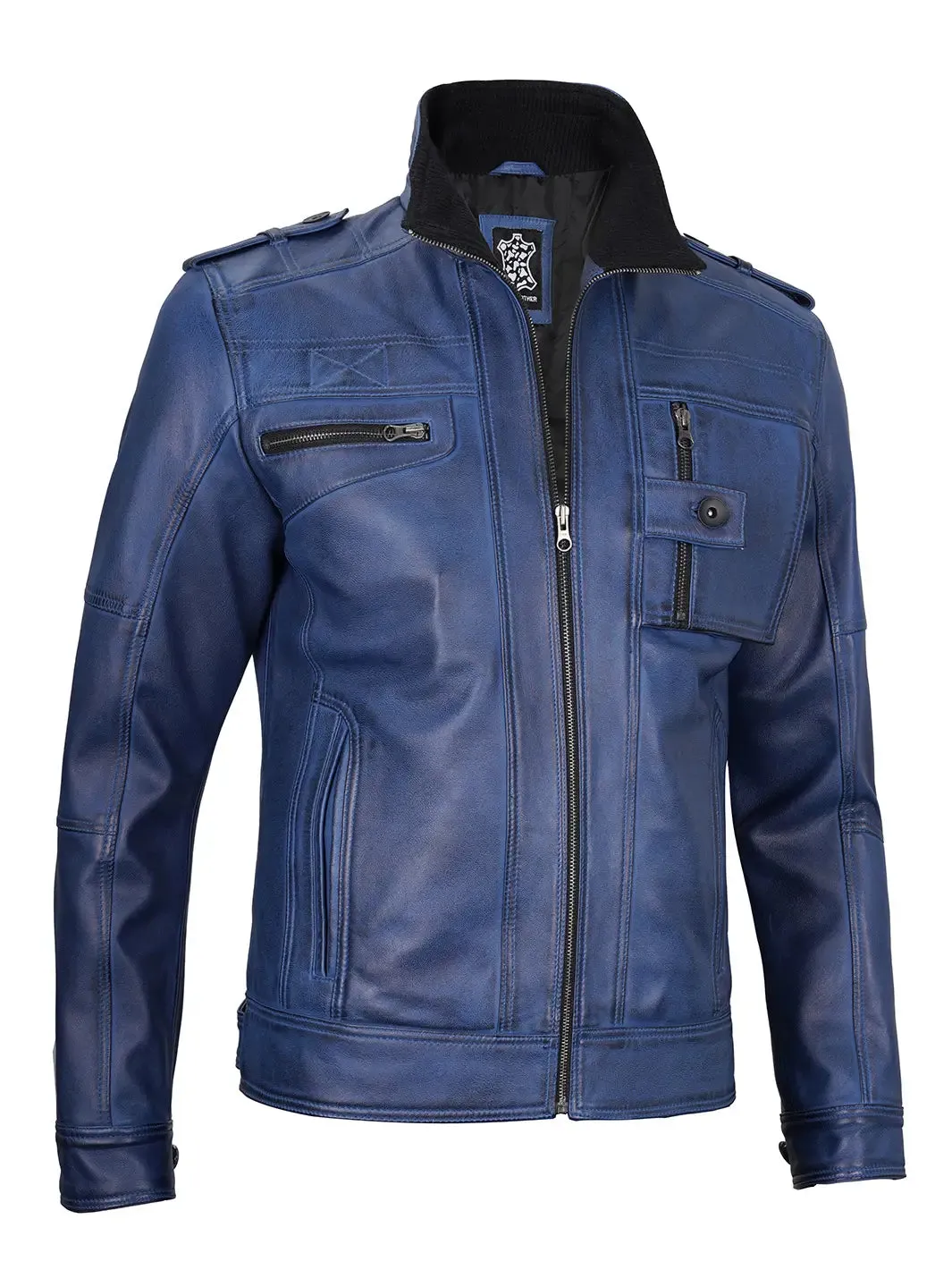 Tavares Blue Leather Biker Jacket