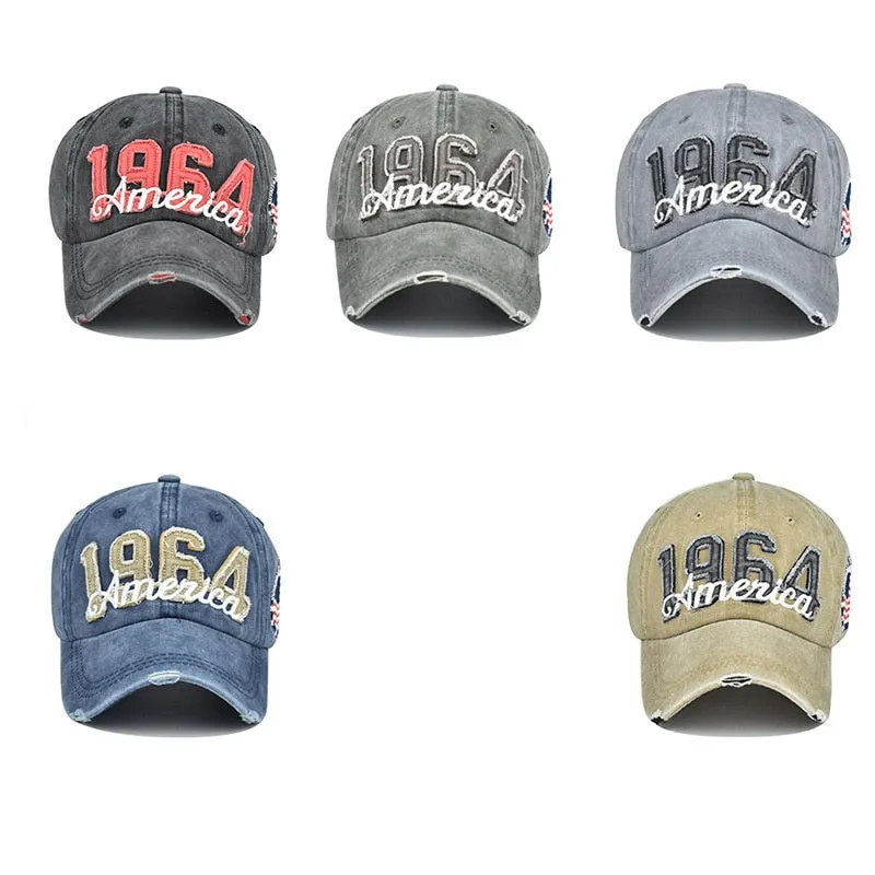 Unisex Denim 1964 America Embroidery Label Distressed Patch Baseball Cap