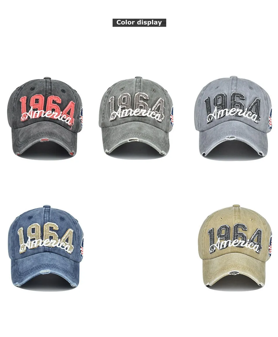 Unisex Denim 1964 America Embroidery Label Distressed Patch Baseball Cap