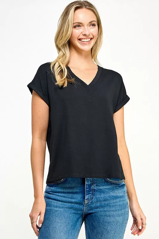 V Neck Tee Top - Black