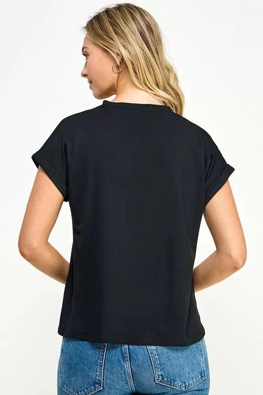 V Neck Tee Top - Black