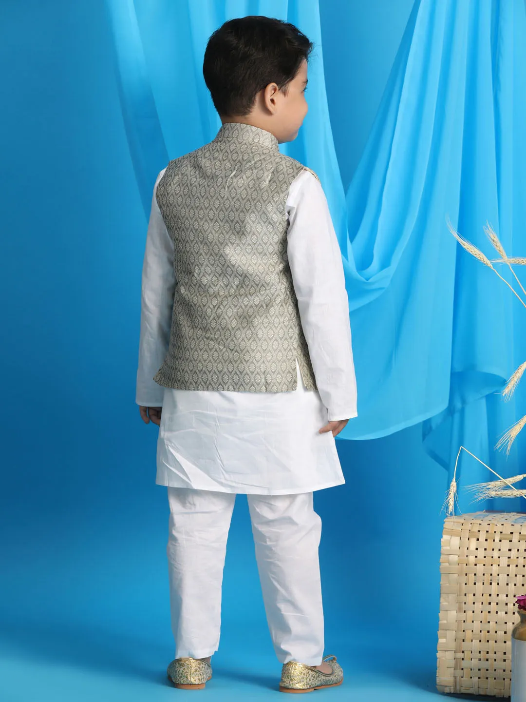 VASTRAMAY Boy's Beige Woven Jacket With White Kurta and Pyjama Set