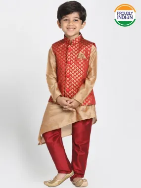 Vastramay Boys' Gold Cotton Silk Blend Kurta, Maroon Nehru Jacket and Pyjama Set