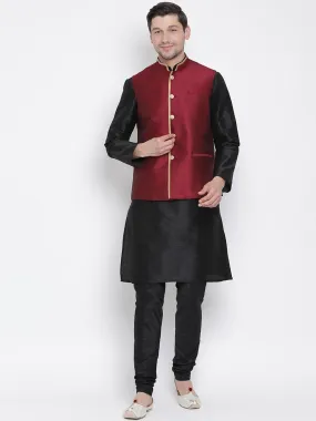 VASTRAMAY Men's Black Cotton Silk Blend Kurta, Ethnic Jacket and Pyjama Set