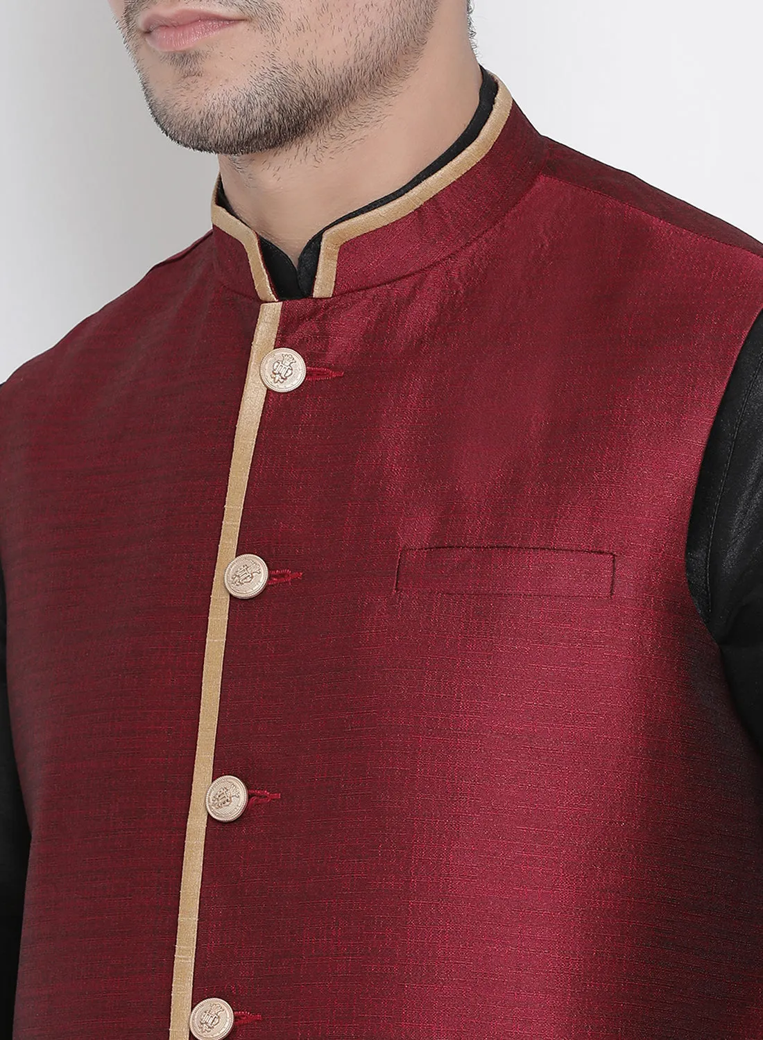 VASTRAMAY Men's Black Cotton Silk Blend Kurta, Ethnic Jacket and Pyjama Set