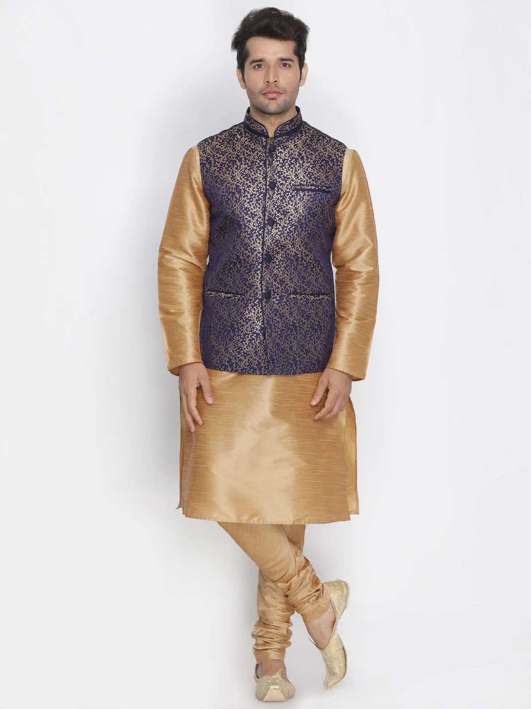 VASTRAMAY Men's Blue Cotton Silk Blend Ethnic Jacket