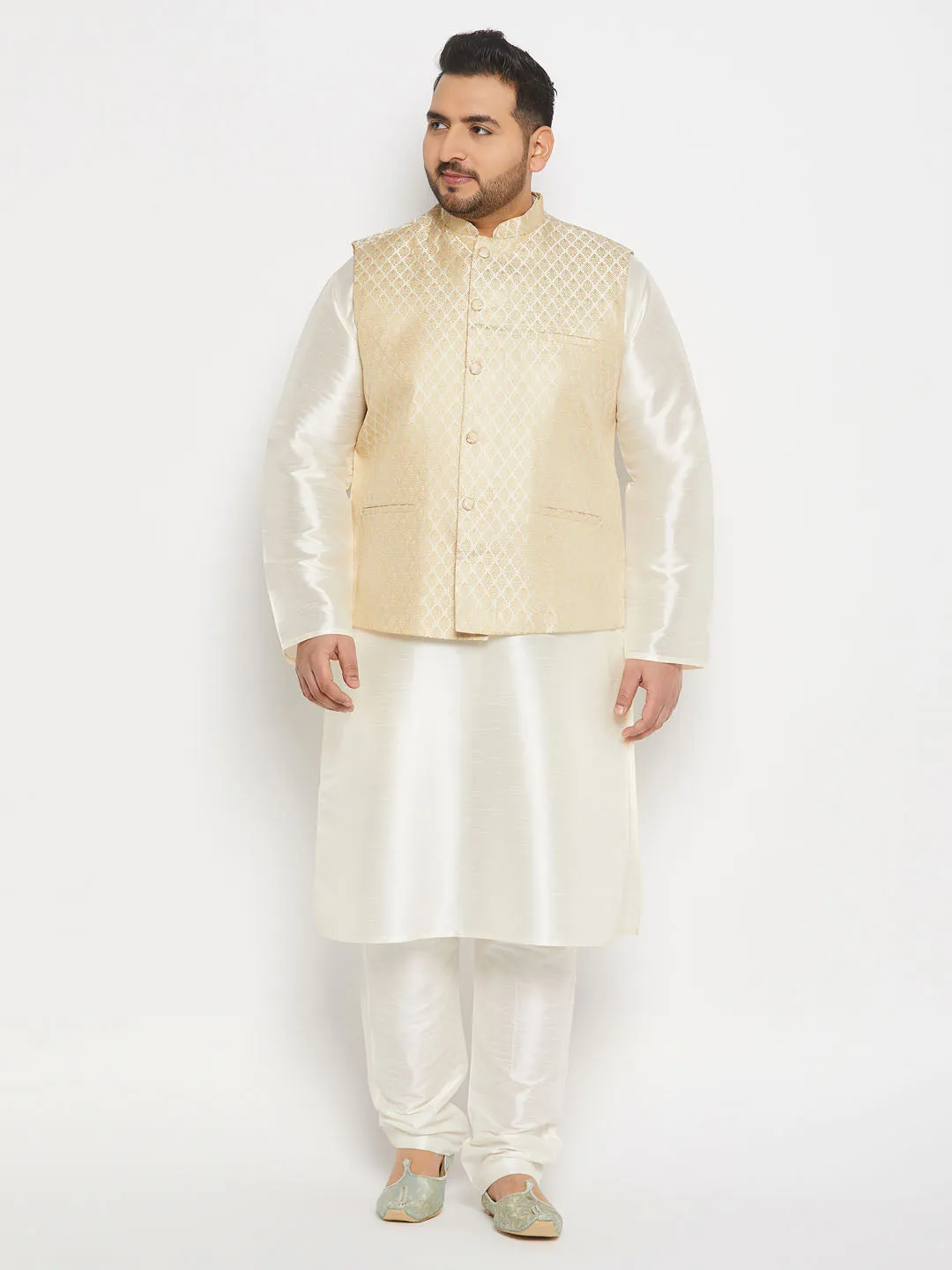 VASTRAMAY Men's Plus Size Cream Ethnic Jacket With Cream Silk Blend Kurta and Pant Style Pyjama Set