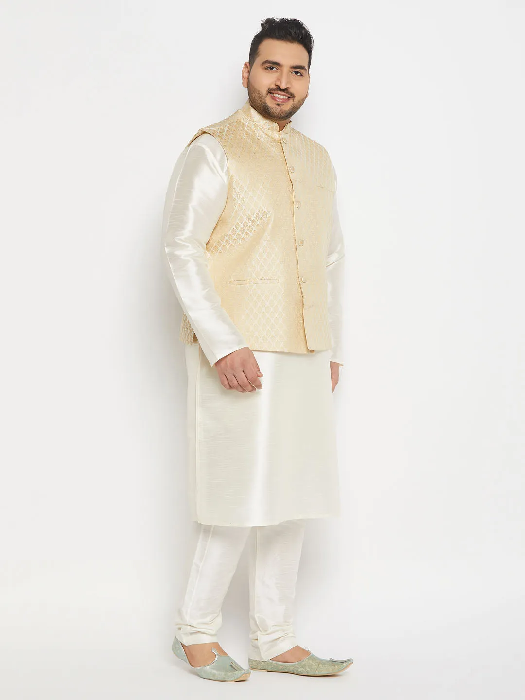 VASTRAMAY Men's Plus Size Cream Ethnic Jacket With Cream Silk Blend Kurta and Pant Style Pyjama Set