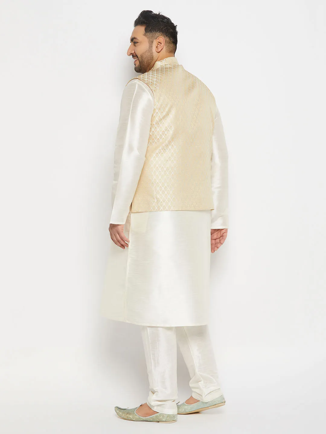 VASTRAMAY Men's Plus Size Cream Ethnic Jacket With Cream Silk Blend Kurta and Pant Style Pyjama Set