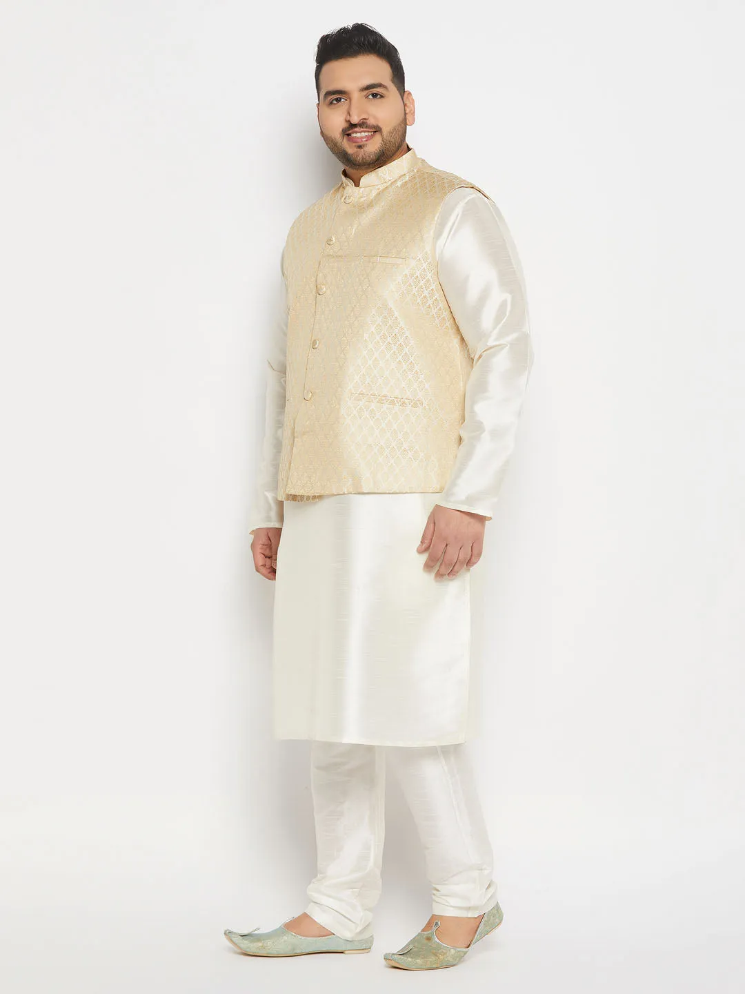 VASTRAMAY Men's Plus Size Cream Ethnic Jacket With Cream Silk Blend Kurta and Pant Style Pyjama Set