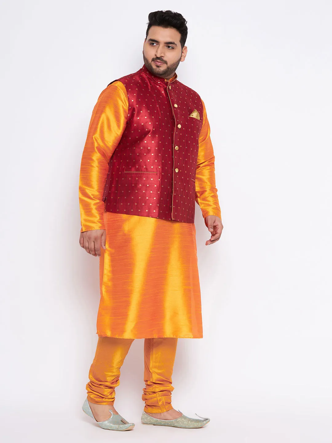 VASTRAMAY Men's Plus Size Maroon Zari Weaved Nehru Jacket With Kurta Pyjama set