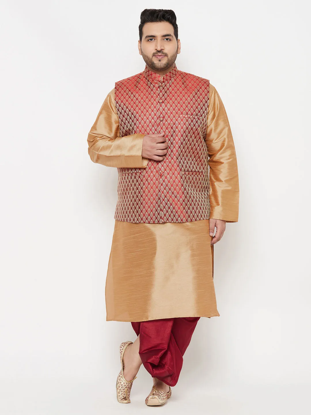 VASTRAMAY PLUS Men's Maroon Nehru Jacket With Rose Gold Kurta And Maroon Dhoti Set