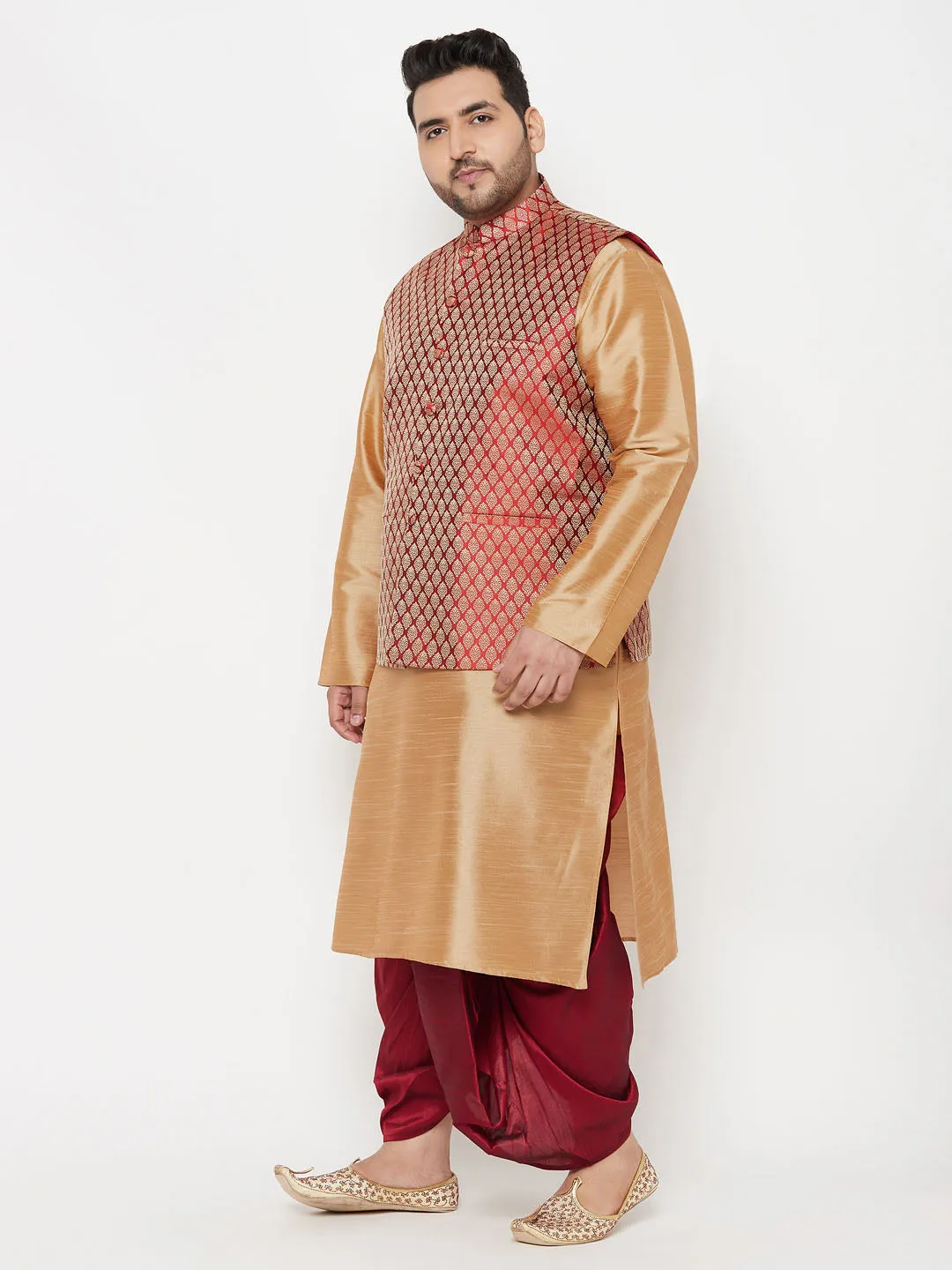 VASTRAMAY PLUS Men's Maroon Nehru Jacket With Rose Gold Kurta And Maroon Dhoti Set