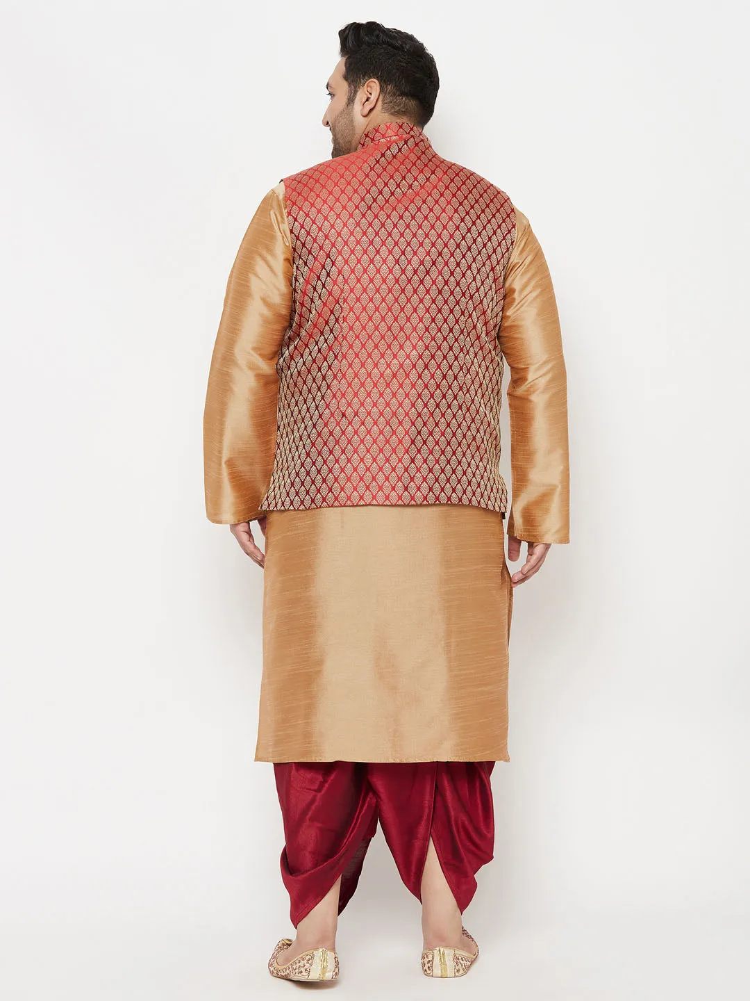 VASTRAMAY PLUS Men's Maroon Nehru Jacket With Rose Gold Kurta And Maroon Dhoti Set